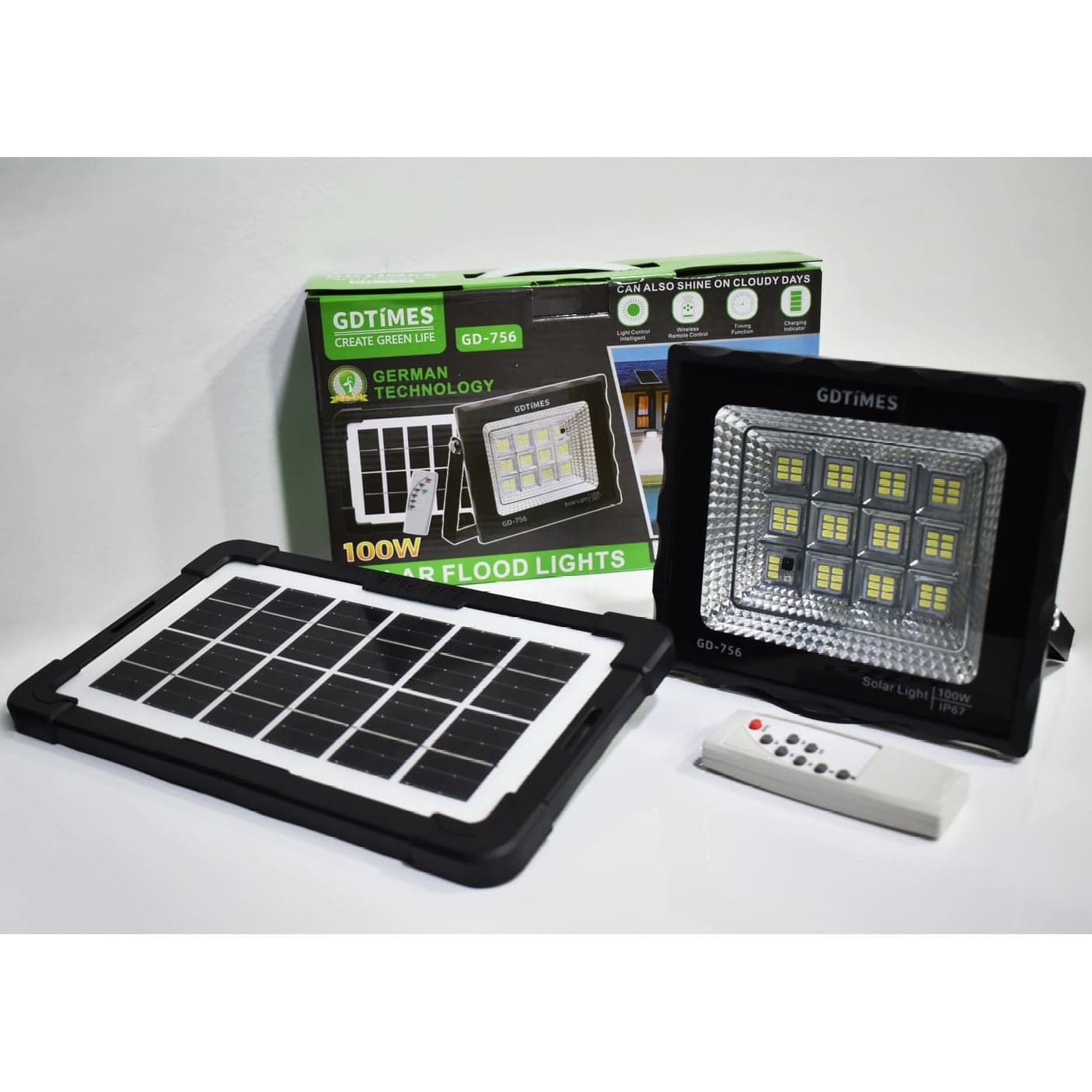 Kit Reflector LED 100W Recargable, Panel Solar y Control Remoto Con Temporizador - GDTimes GD-756