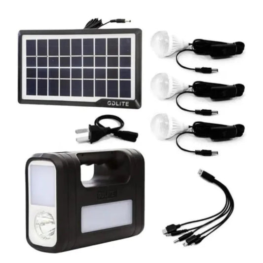 Kit Panel Solar, 3 Bombillos de 3W, Cable Multiuso y Módulo Con Batería y Linterna GD-8017