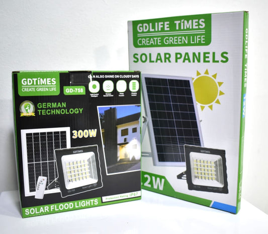 Kit Reflector LED 300W Recargable, Panel Solar y Control Remoto Con Temporizador - GDTimes GD-758