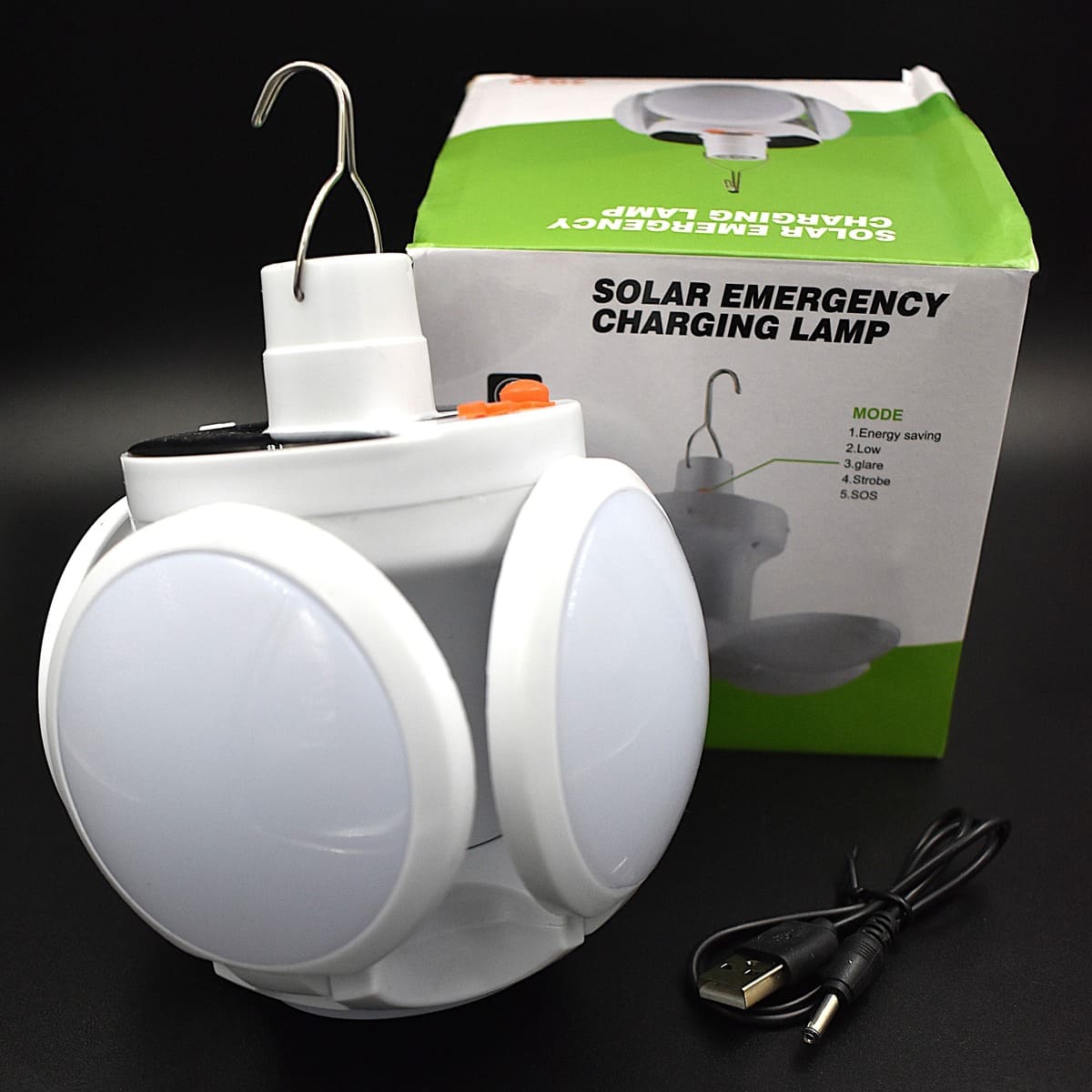 Bombillo Solar LED 9W Portátil, Plegable, Con Gancho Para Colgarlo, Carga Solar y USB - 2029