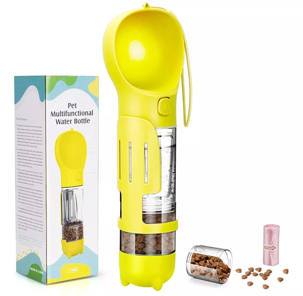 Botella Multifuncional Para Mascotas - Depósito de Agua, Comida y Bolsas + Pala