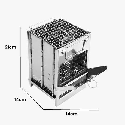 2 en 1 - Parrilla y Estufa Para Asados en Acero Inoxidable Portatil y Plegable 14cm x 14cm x 21cm