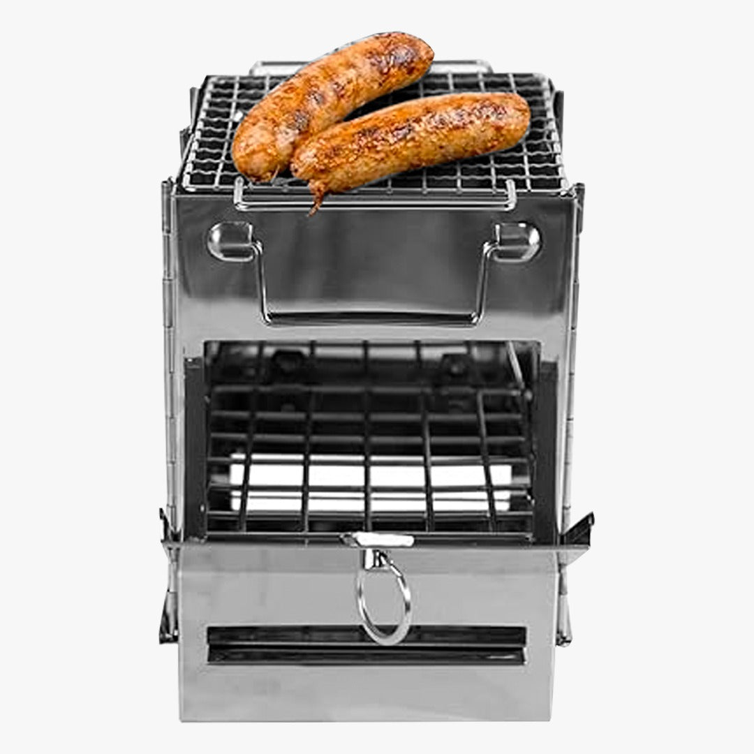 2 en 1 - Parrilla y Estufa Para Asados en Acero Inoxidable Portatil y Plegable 14cm x 14cm x 21cm