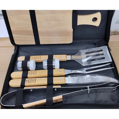 Set de Utensilios Para Asados en Acero Inoxidable y Madera con 7 Piezas + Estuche