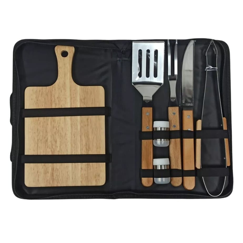 Set de Utensilios Para Asados en Acero Inoxidable y Madera con 7 Piezas + Estuche
